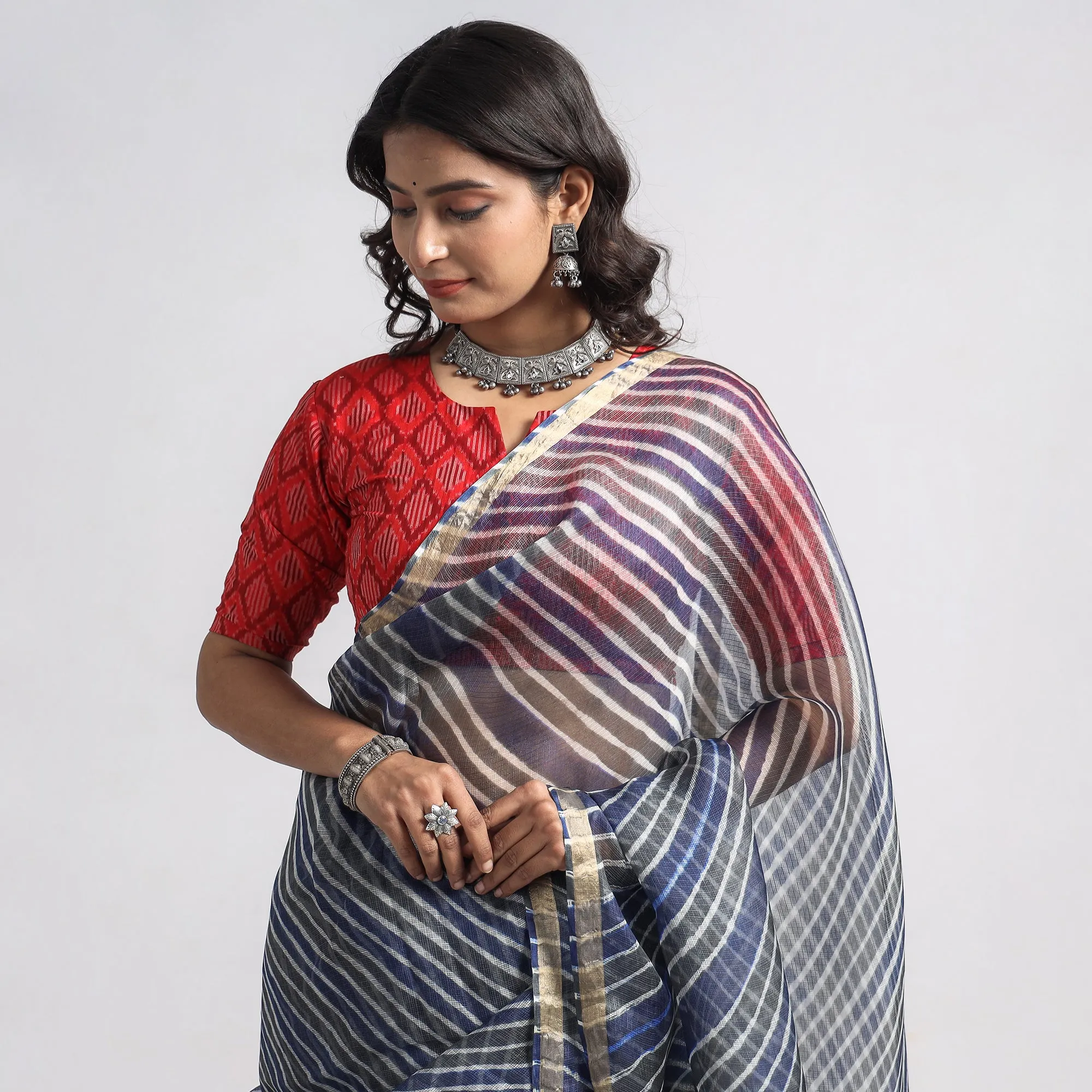 Grey - Leheriya Tie-Dye Kota Doria Silk Saree