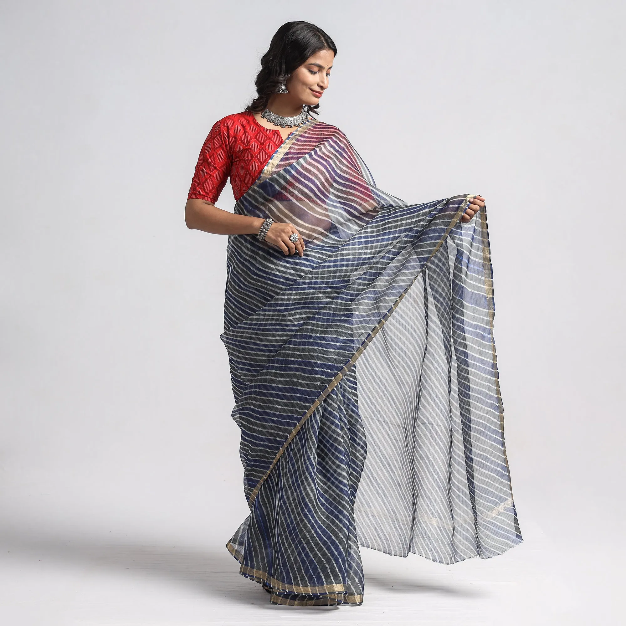 Grey - Leheriya Tie-Dye Kota Doria Silk Saree