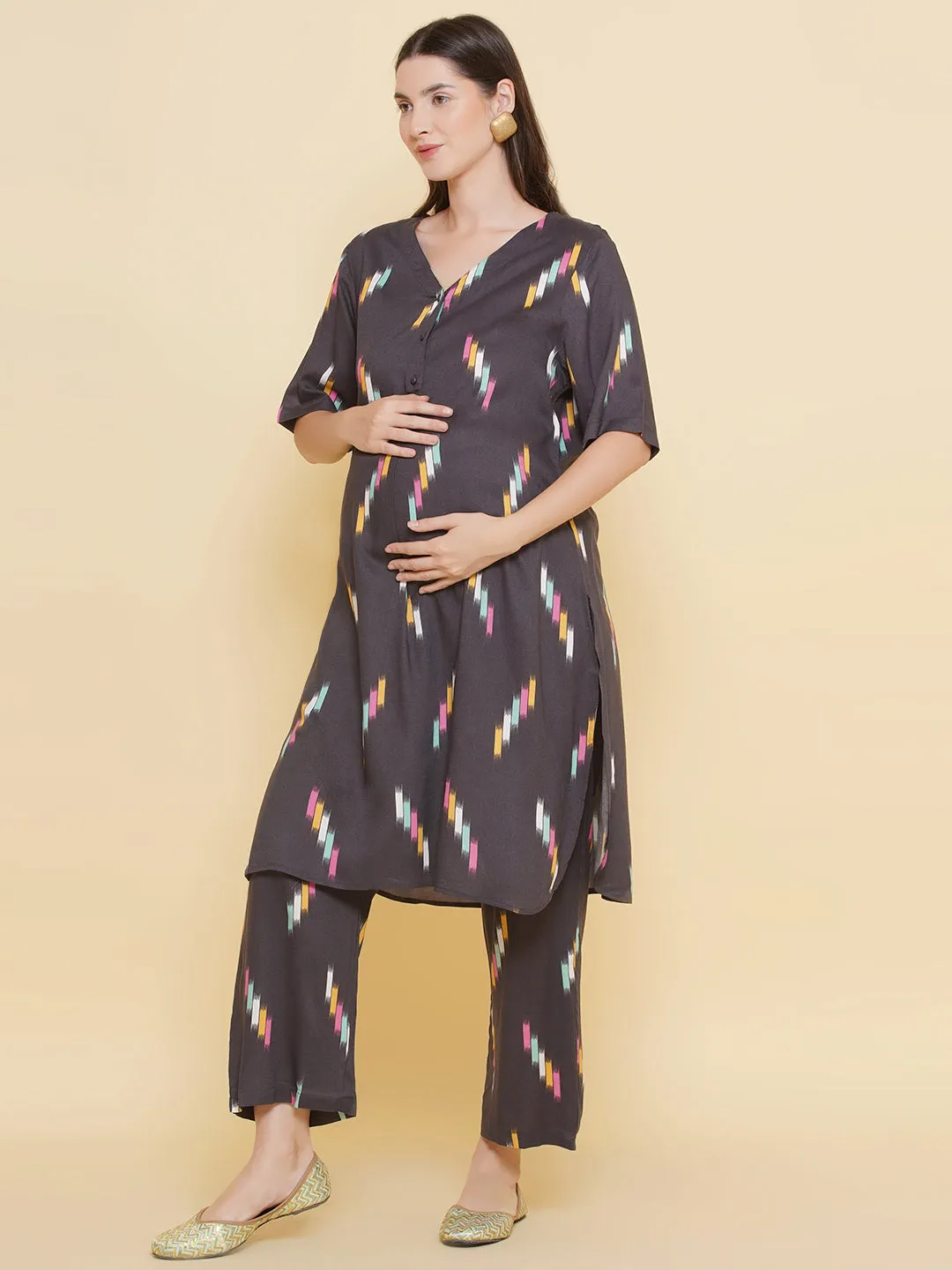 Grey Printed Maternity & Nursing Kurta Set