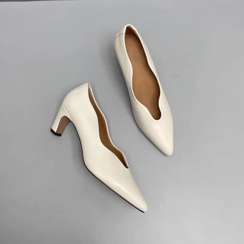 Handmade Genuine Leather Pumps In White/Black/Gray Fashion Style Kitten Heels