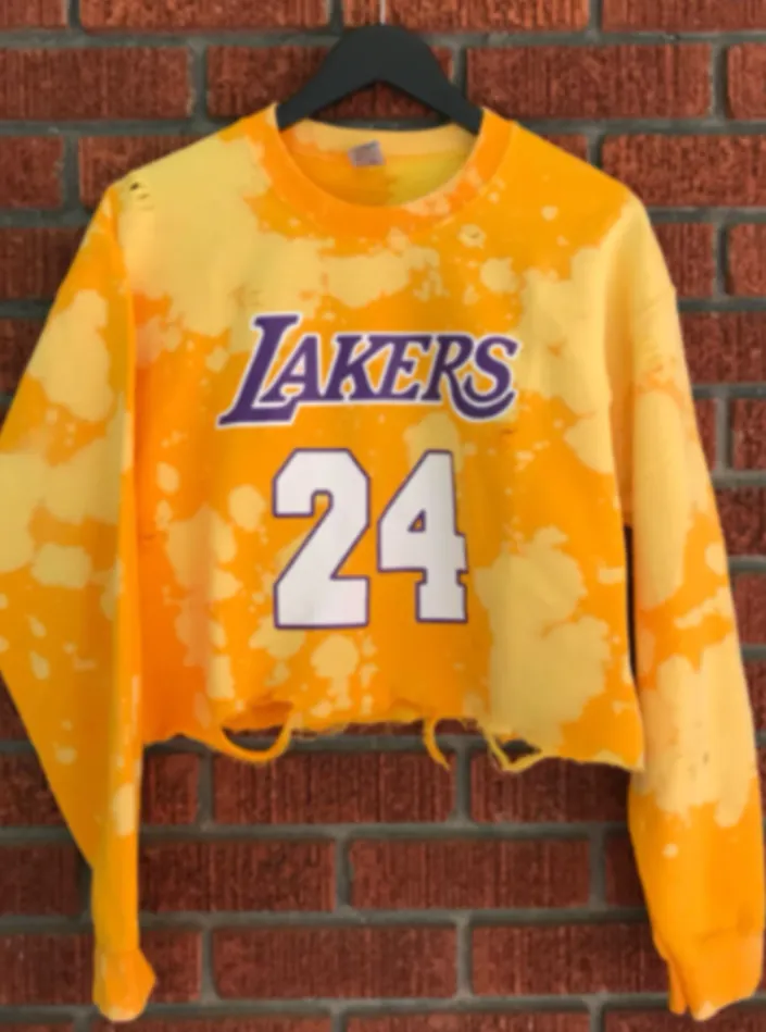 Handmade Lakers 24 Gold Purple White Lightly Distressed Crew Sweatshirt