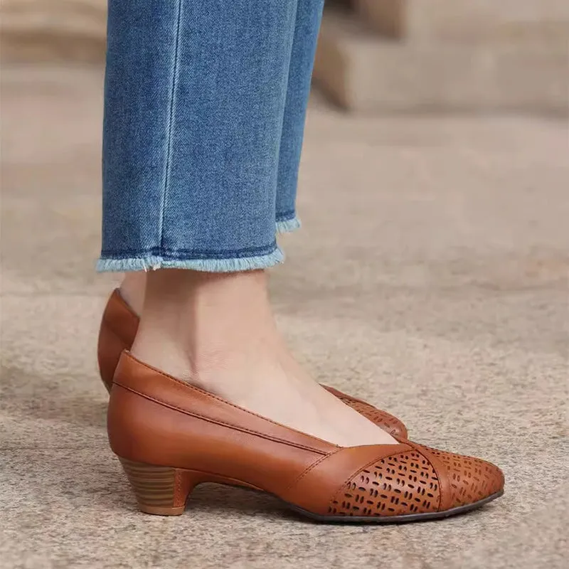 Handmade Leather Point Toe Cut Out Pumps 35mm Block Heel In Beige/Brown/Black Fashion Style