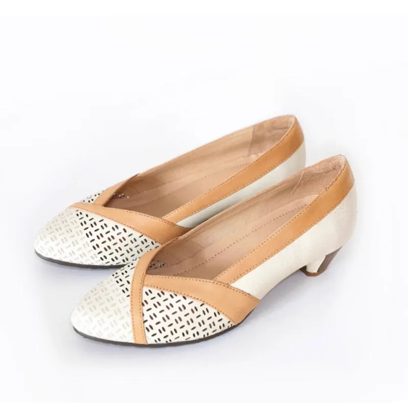 Handmade Leather Point Toe Cut Out Pumps 35mm Block Heel In Beige/Brown/Black Fashion Style