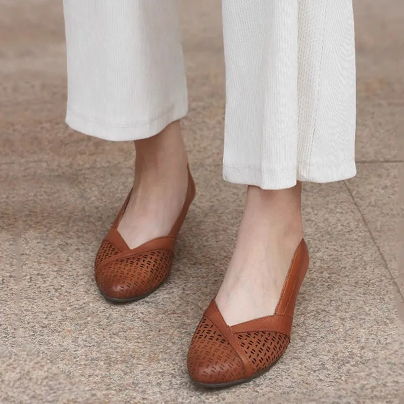 Handmade Leather Point Toe Cut Out Pumps 35mm Block Heel In Beige/Brown/Black Fashion Style