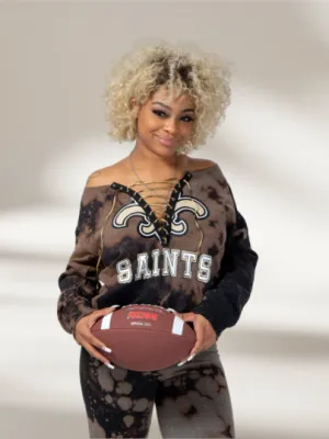 Handmade New Orleans Saints Black Hand Bleached "Flower Saints" White Tan Black Design Lace Up Sweatshirt