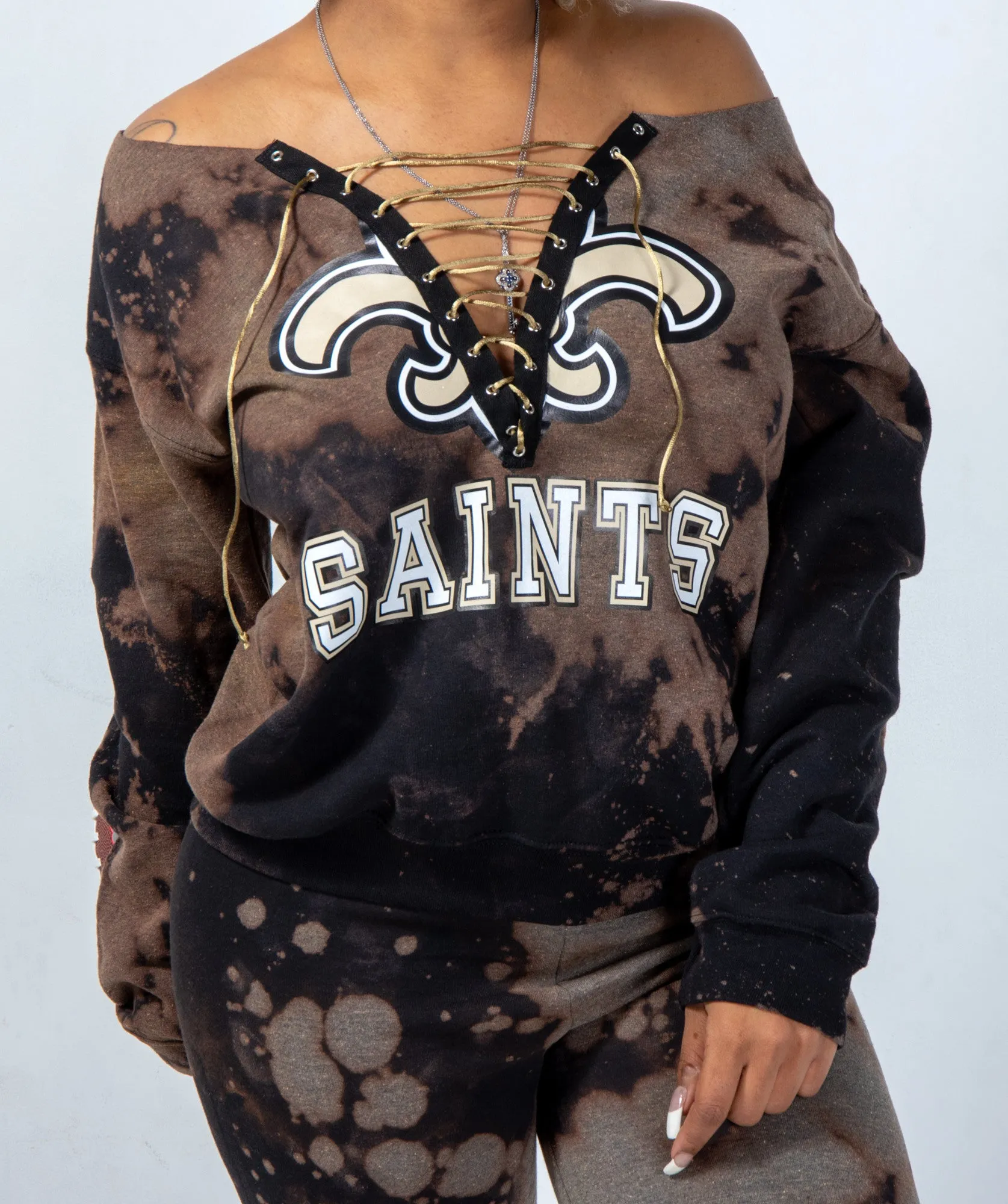 Handmade New Orleans Saints Black Hand Bleached "Flower Saints" White Tan Black Design Lace Up Sweatshirt