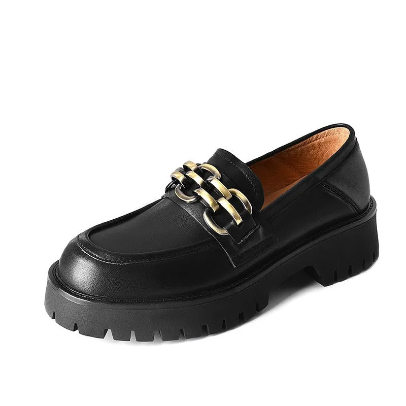 Horsebit-Detailed Handmade Leather Platform Loafers For Women In Black/Coffee