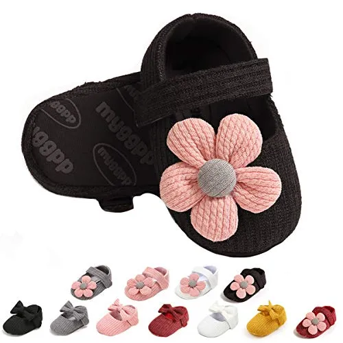 Infant Baby Girl Shoes, Flowers Baby Mary Jane Flats Princess Dress Shoes Soft Sole Baby Crib Shoes, 1932 Black, 0-6 Months Infant