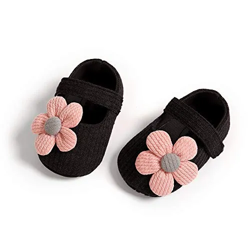 Infant Baby Girl Shoes, Flowers Baby Mary Jane Flats Princess Dress Shoes Soft Sole Baby Crib Shoes, 1932 Black, 0-6 Months Infant