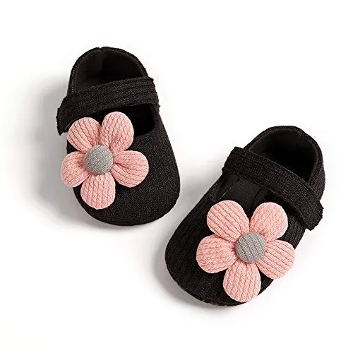 Infant Baby Girl Shoes, Flowers Baby Mary Jane Flats Princess Dress Shoes Soft Sole Baby Crib Shoes, 1932 Black, 0-6 Months Infant