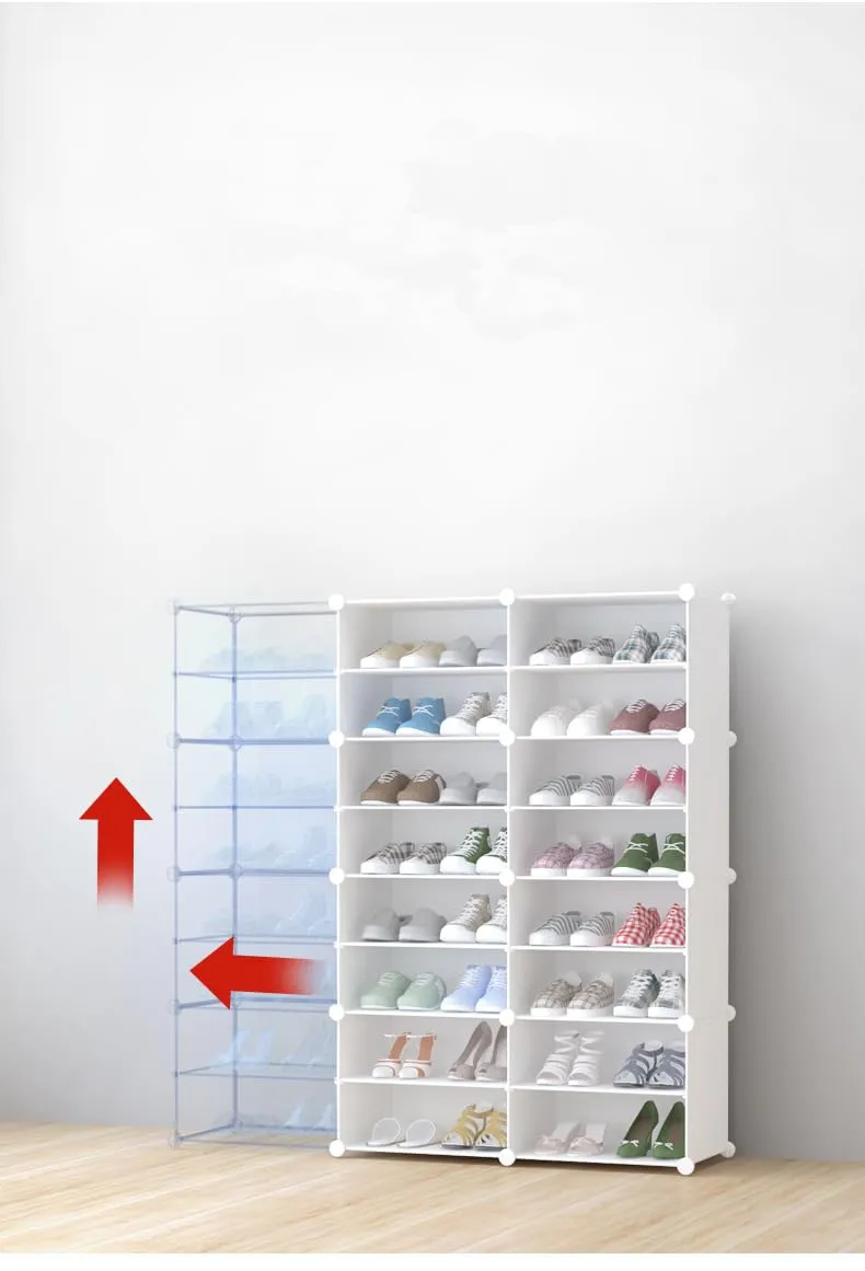 Kuber Industries Pack of 4 Shoes Cabinet |2 Column 4 -Tier Foldable Shoe Rack Organizer for Closet |Plastic Shoe Shelf Collapsible Shoes Box |Easy Assembly Shoe Cabinet with Lids | JL2C4TWH | White