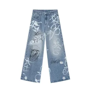 Light Blue Graffiti Print Baggy Jeans