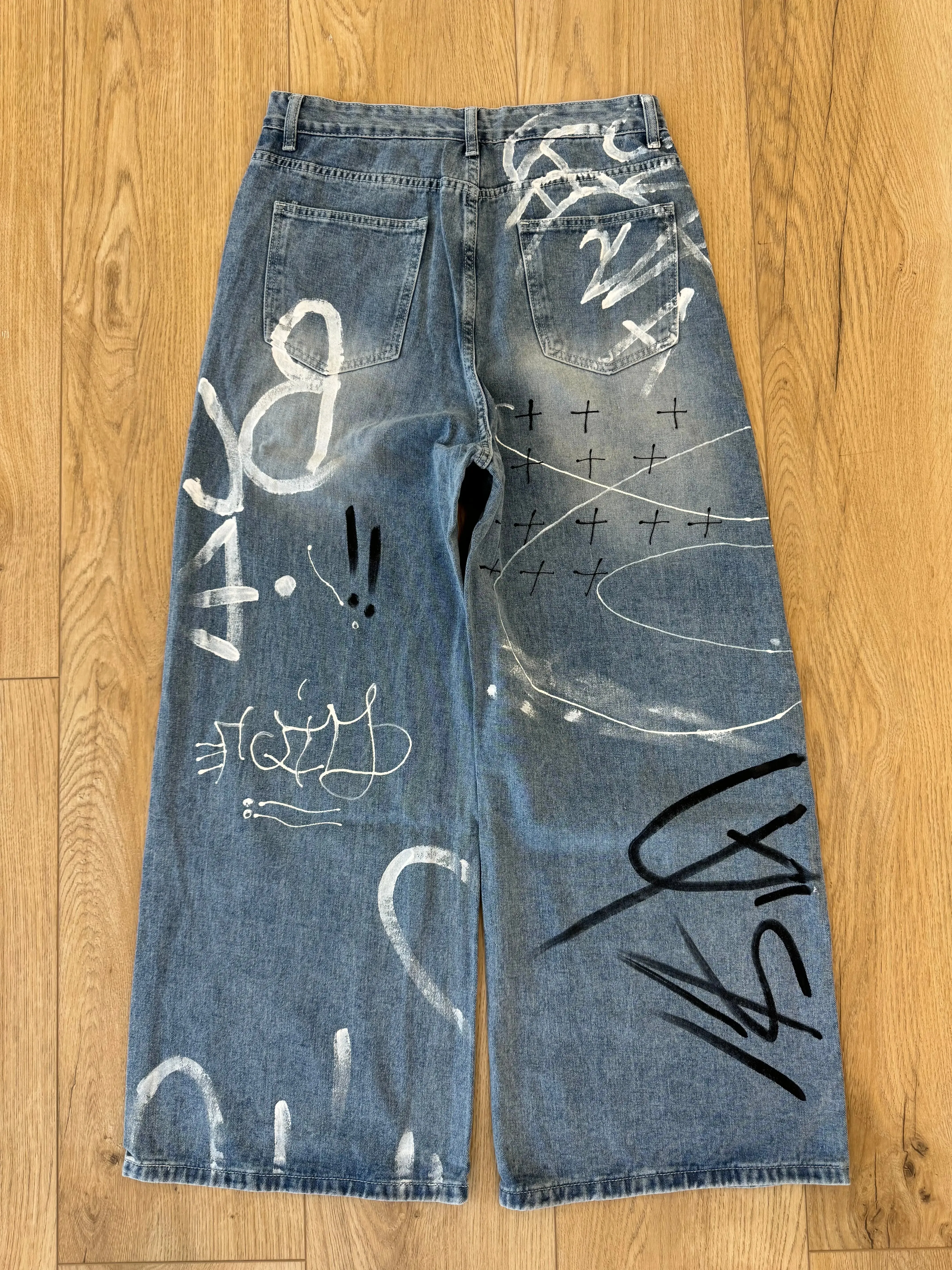 Light Blue Graffiti Print Baggy Jeans