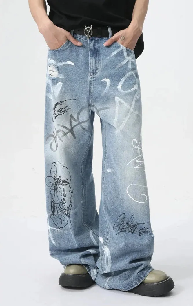 Light Blue Graffiti Print Baggy Jeans