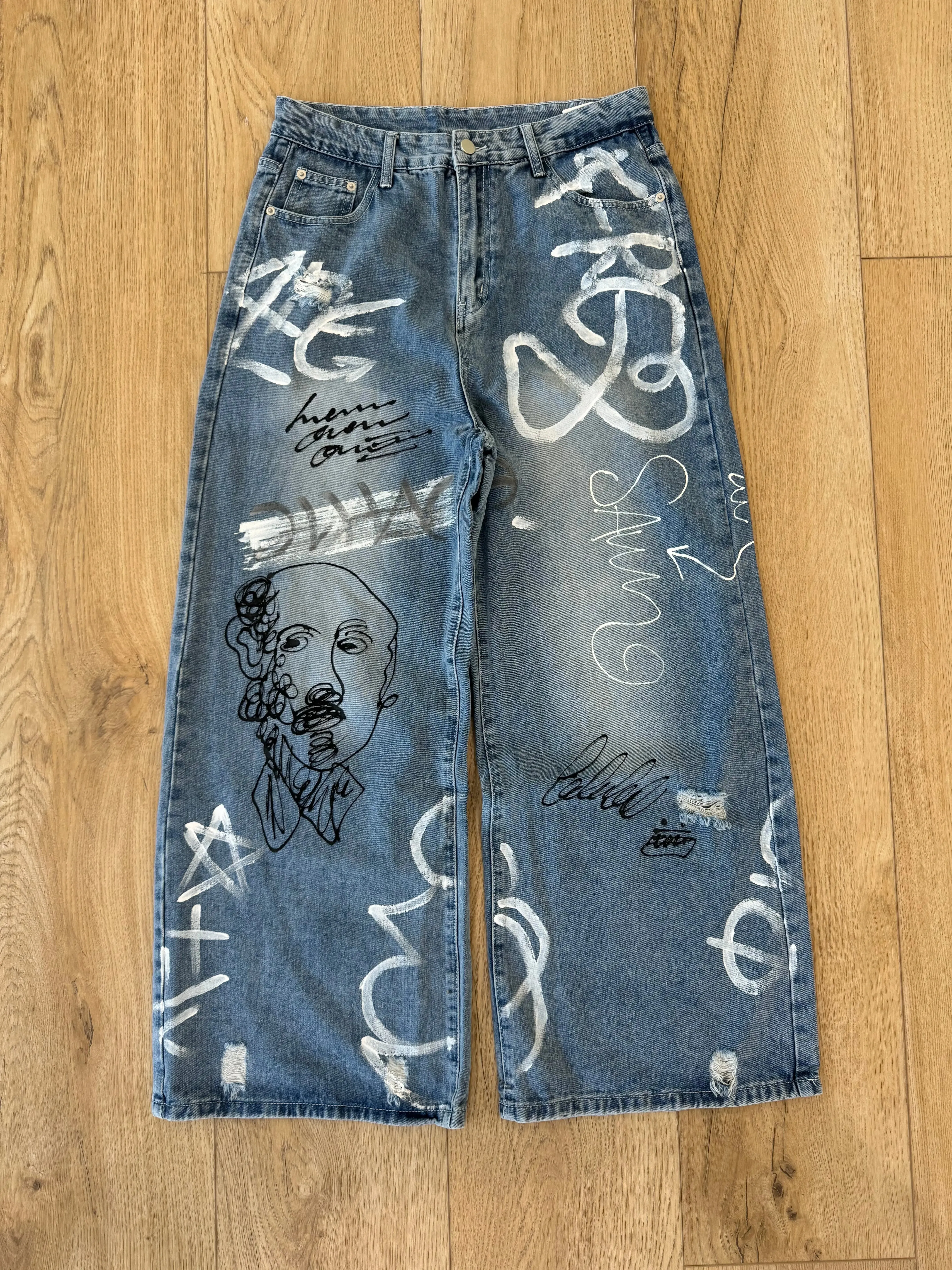 Light Blue Graffiti Print Baggy Jeans