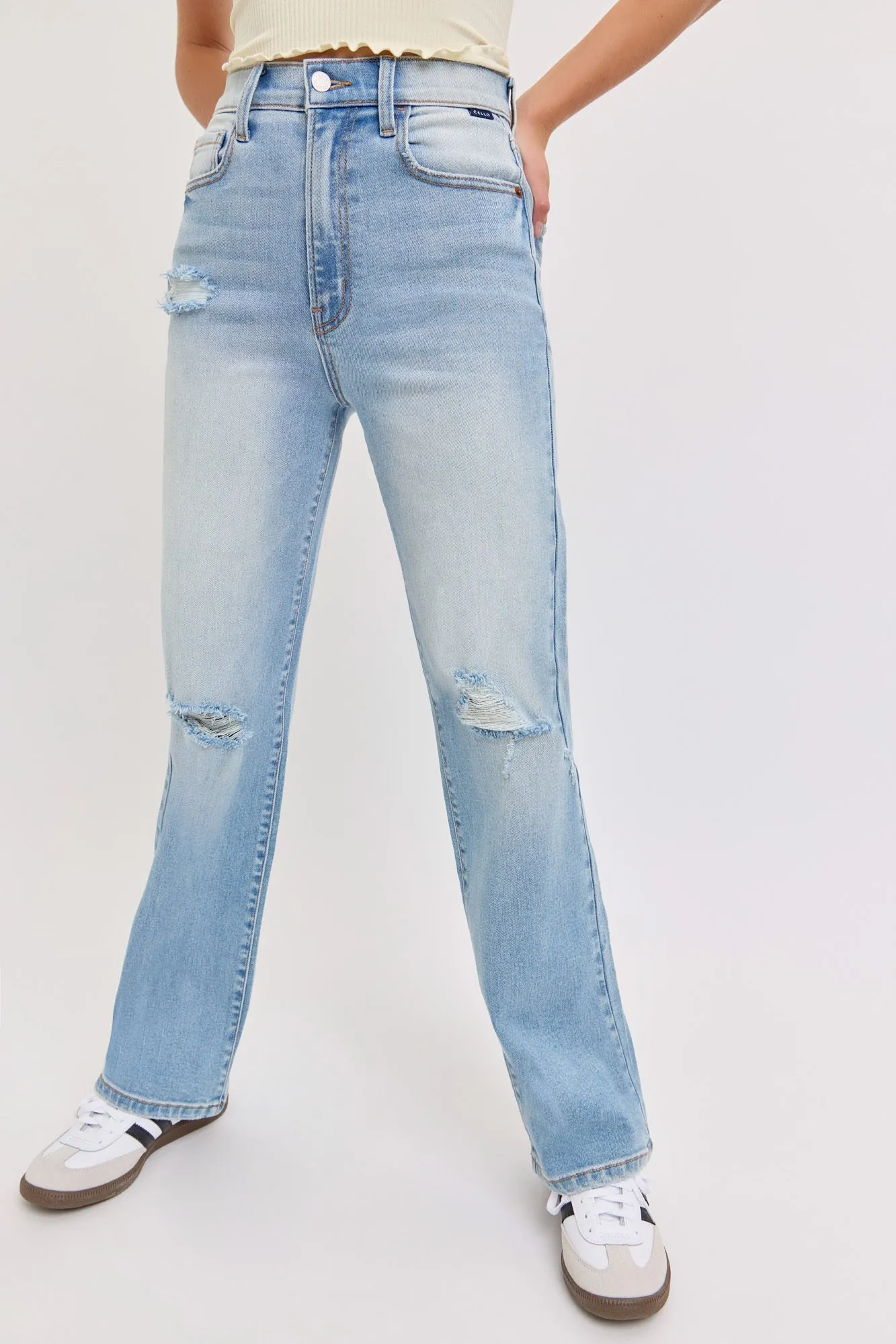 Light Wash Super High Rise Distressed Dad Jeans