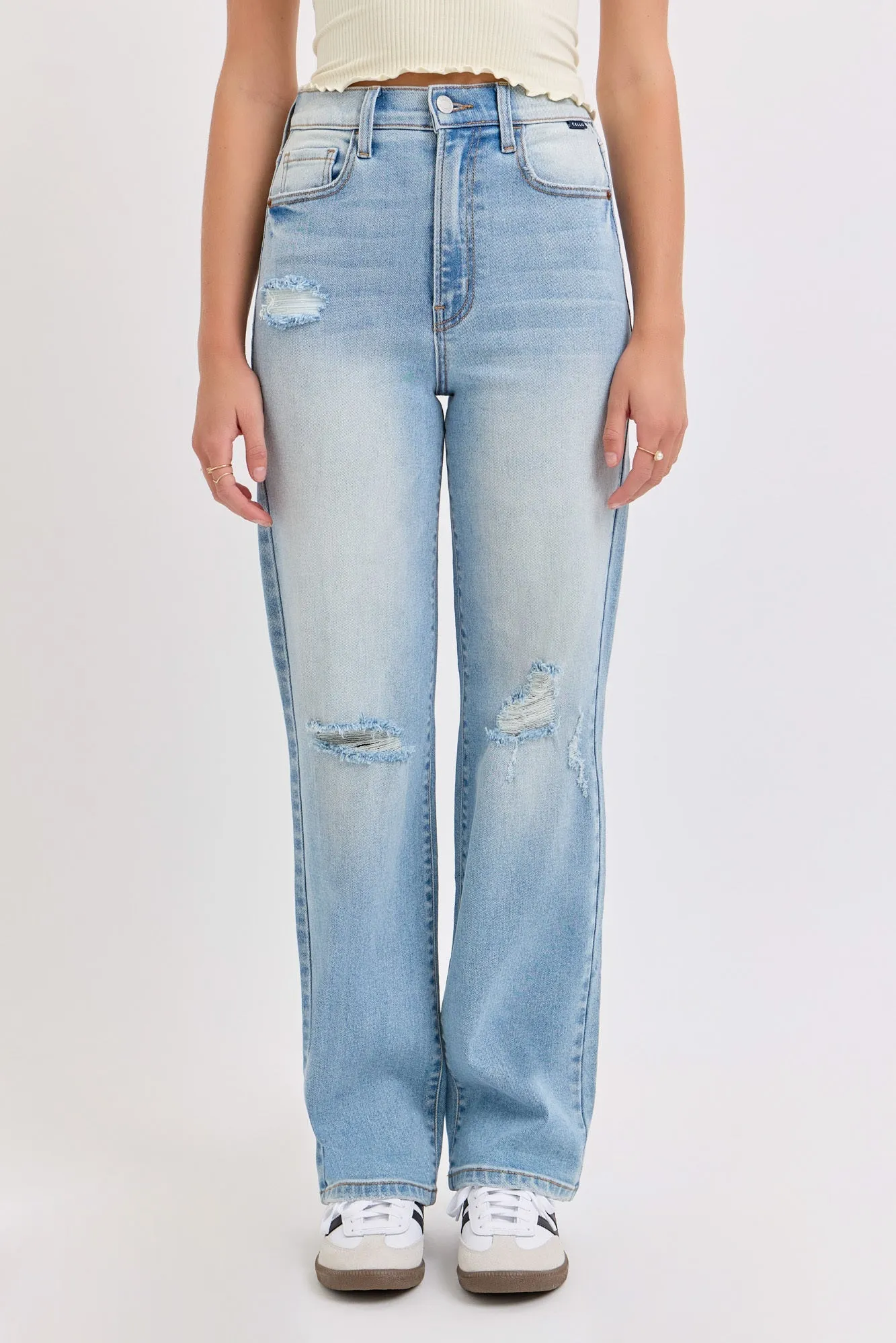 Light Wash Super High Rise Distressed Dad Jeans