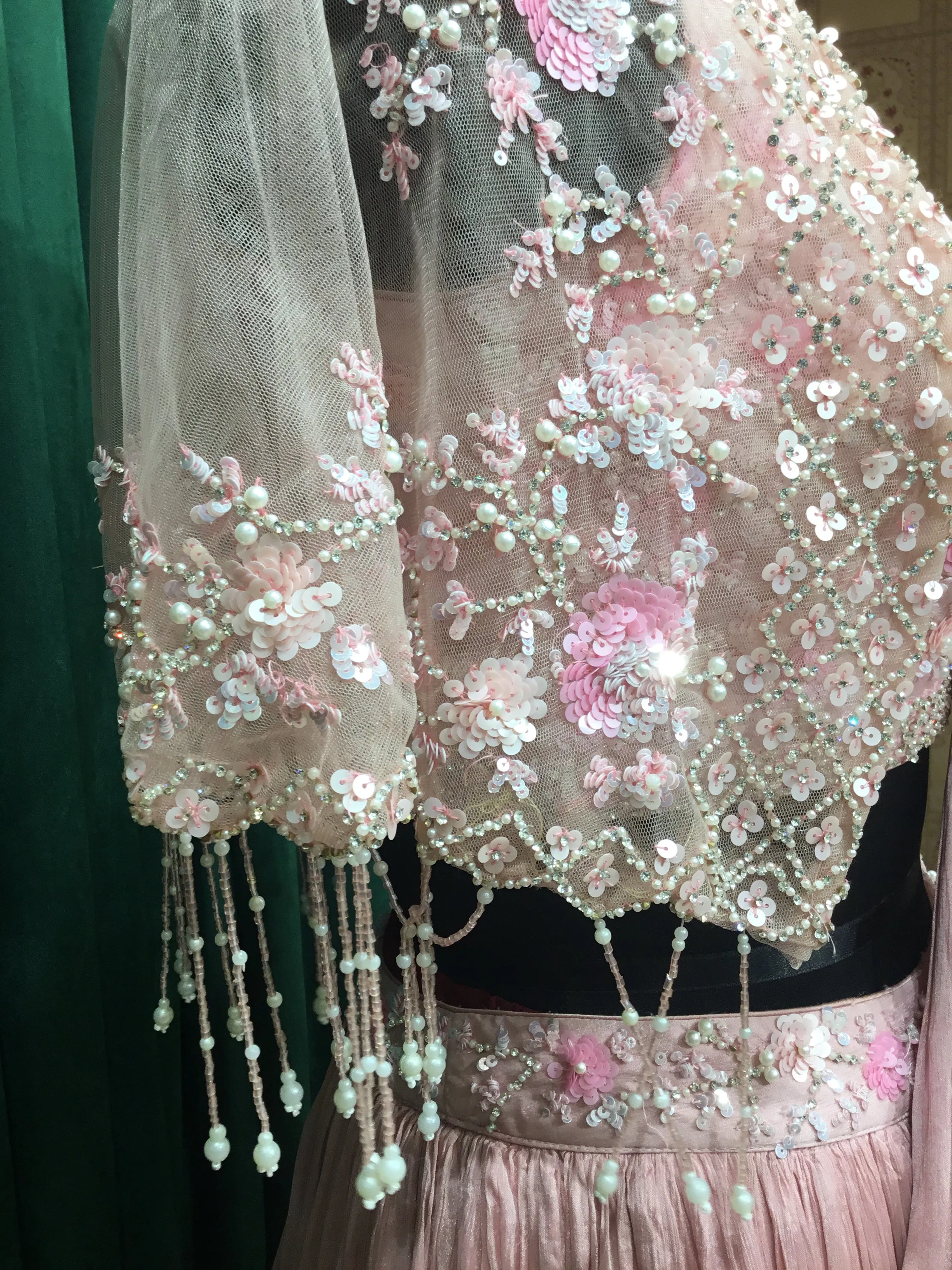 Lite Pink Chinon Crepe Lehenga With Sequins and Pearl Work