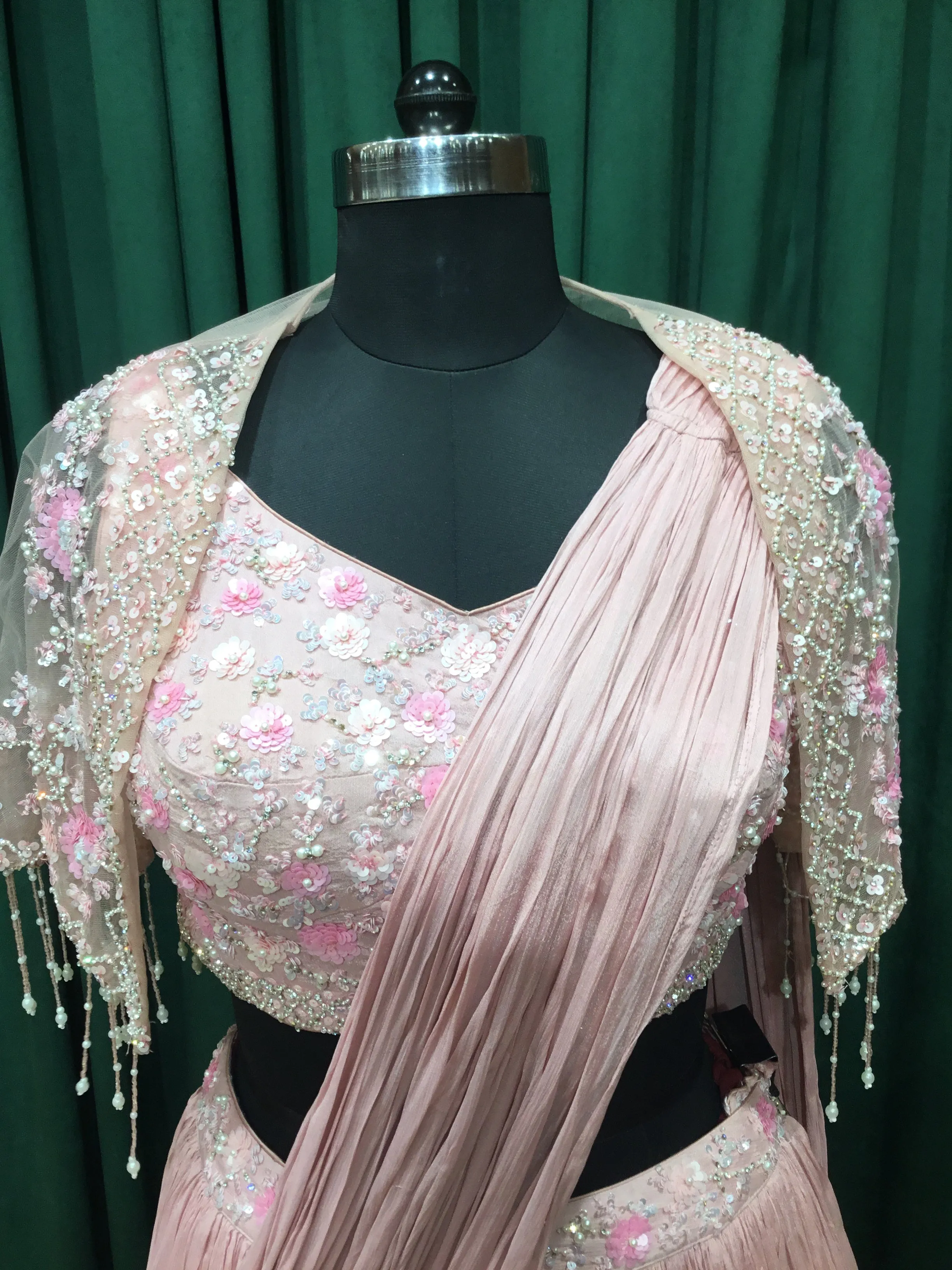 Lite Pink Chinon Crepe Lehenga With Sequins and Pearl Work