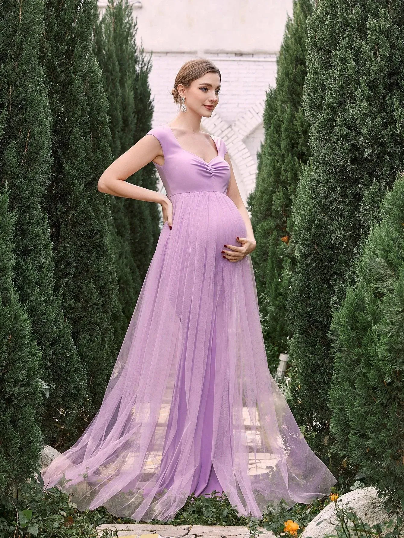 Maternity Sweetheart Collar Cap Sleeves Mesh Overlay Dress