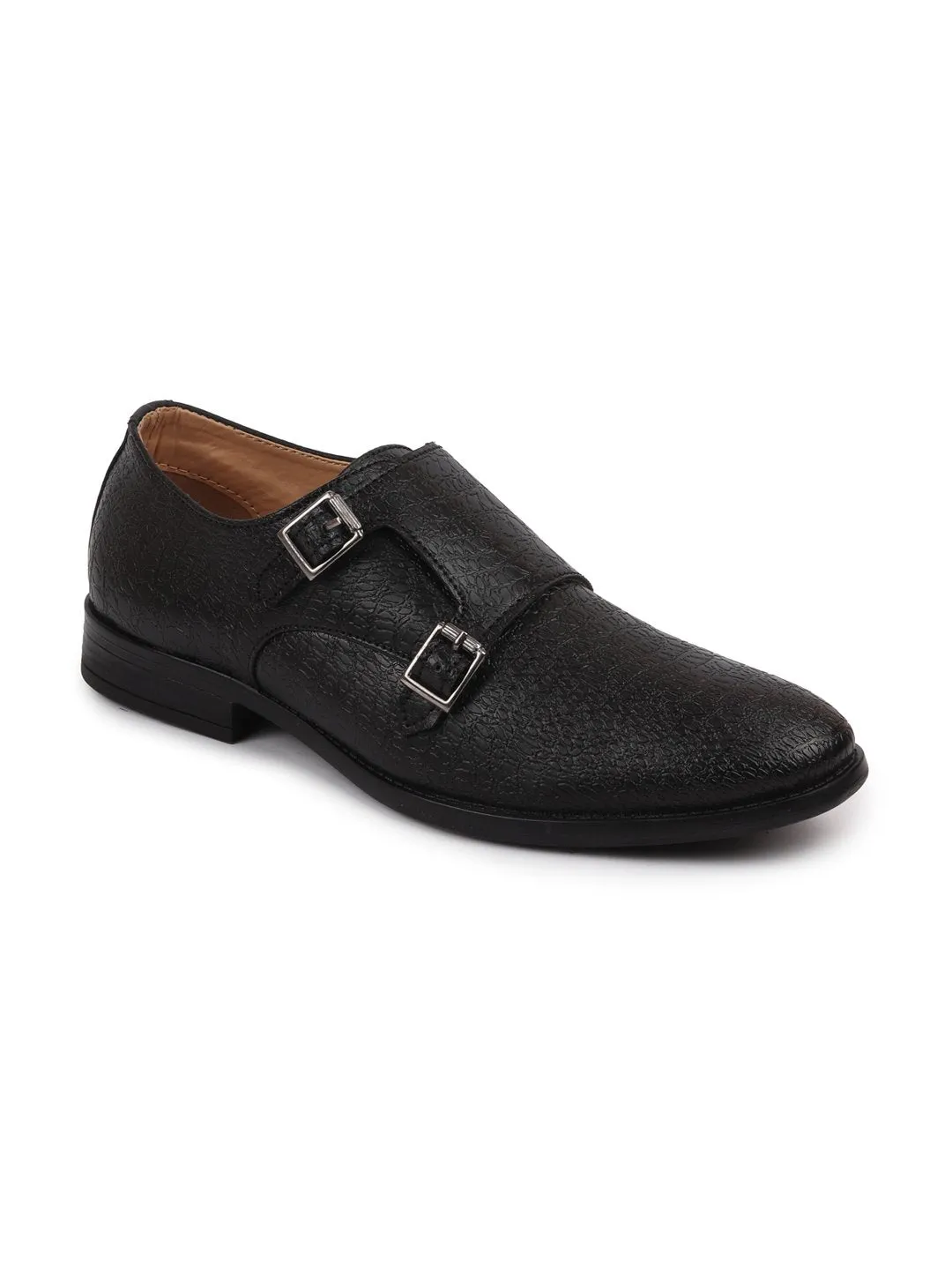 Men Black Monk Double Strap Party Wear Wedding Shoes with TPR Welted Sole