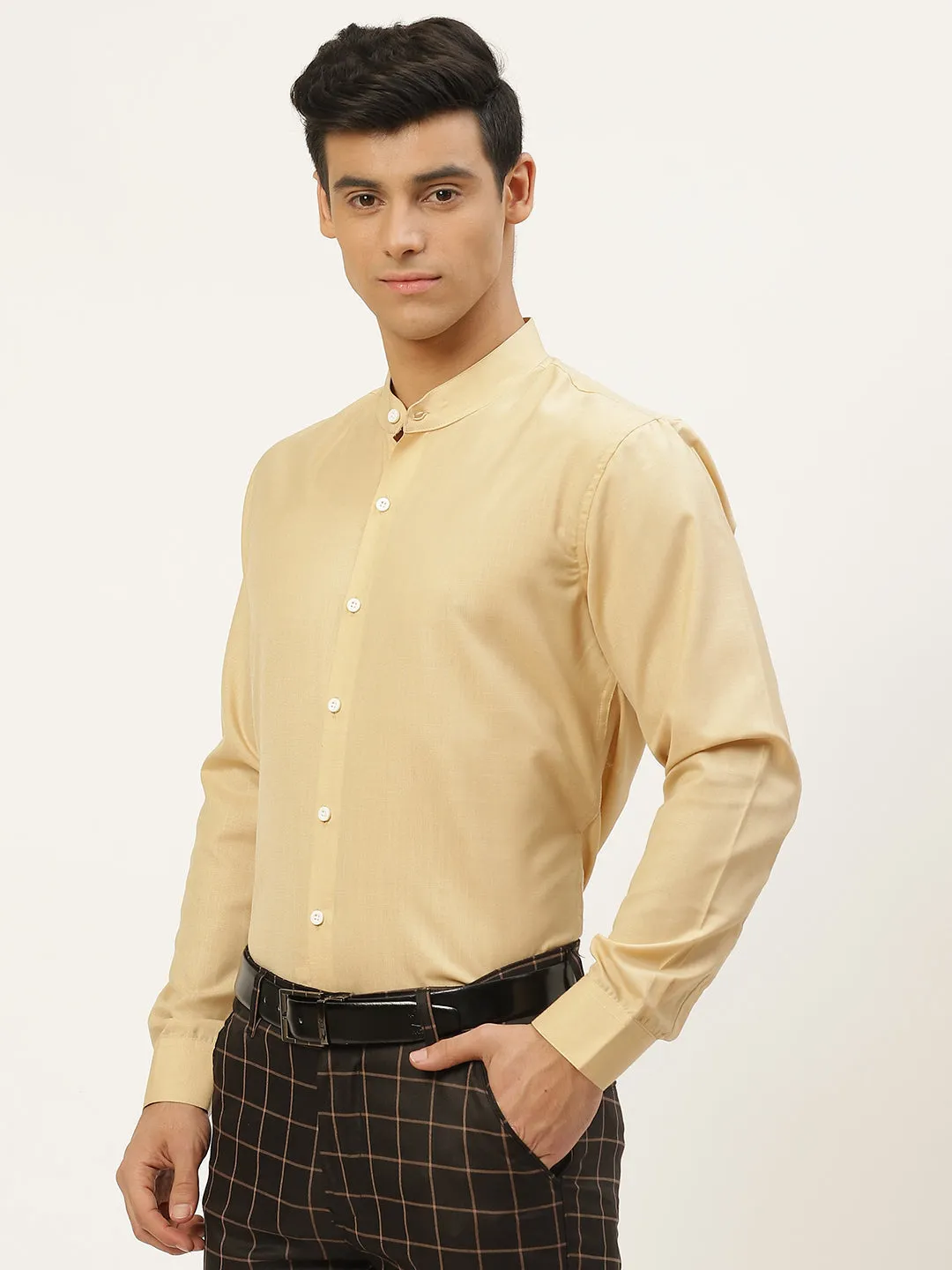 Mens Cotton Linen Beige Chinese Collar Shirt - Sojanya