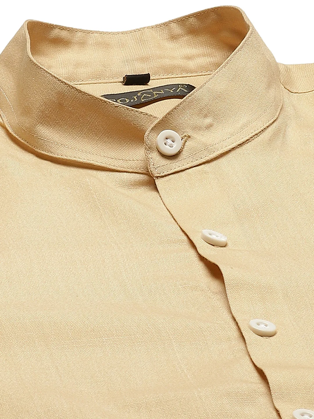 Mens Cotton Linen Beige Chinese Collar Shirt - Sojanya