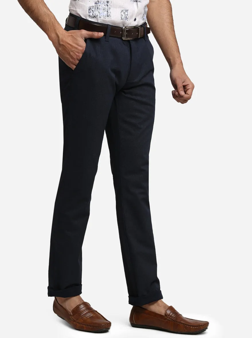 Navy Blue Printed Super Slim Fit Casual Trouser | Greenfibre