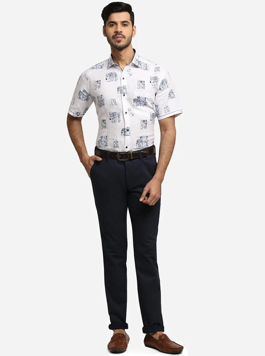 Navy Blue Printed Super Slim Fit Casual Trouser | Greenfibre