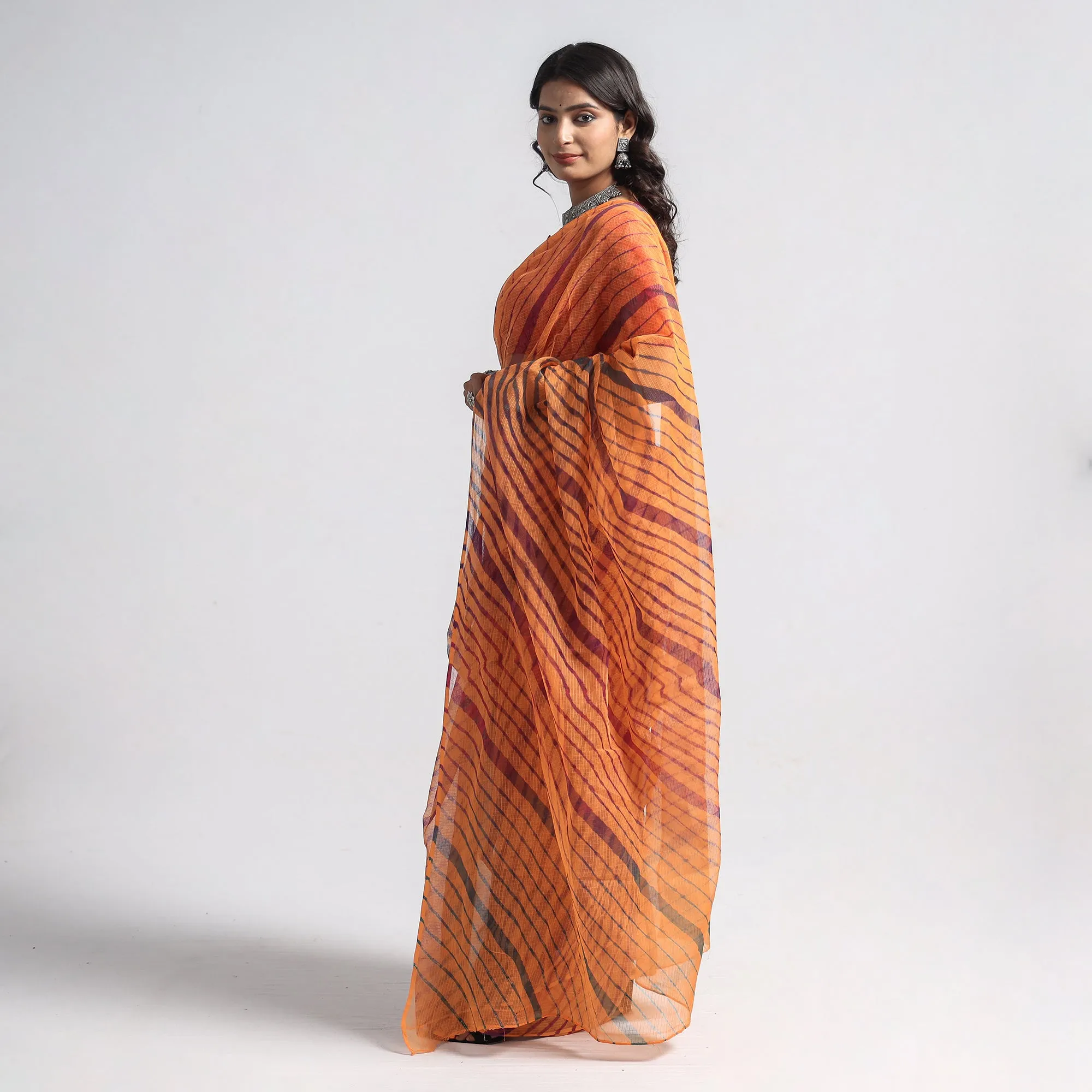 Orange - Leheriya Tie-Dye Kota Doria Cotton Saree