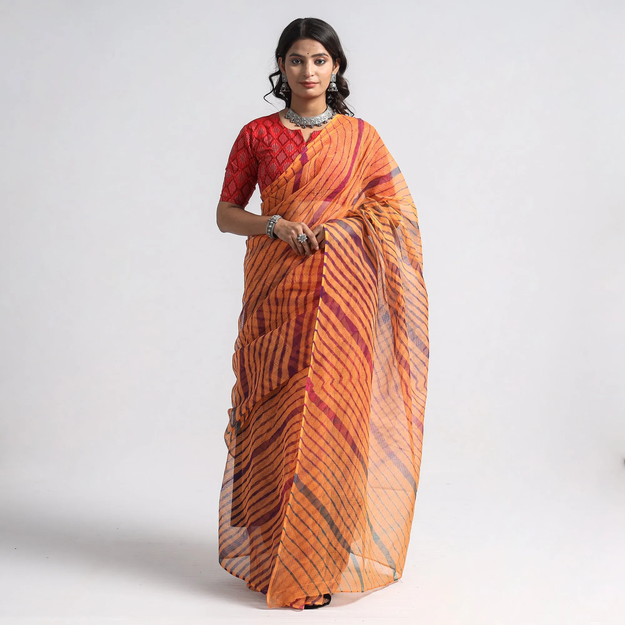 Orange - Leheriya Tie-Dye Kota Doria Cotton Saree