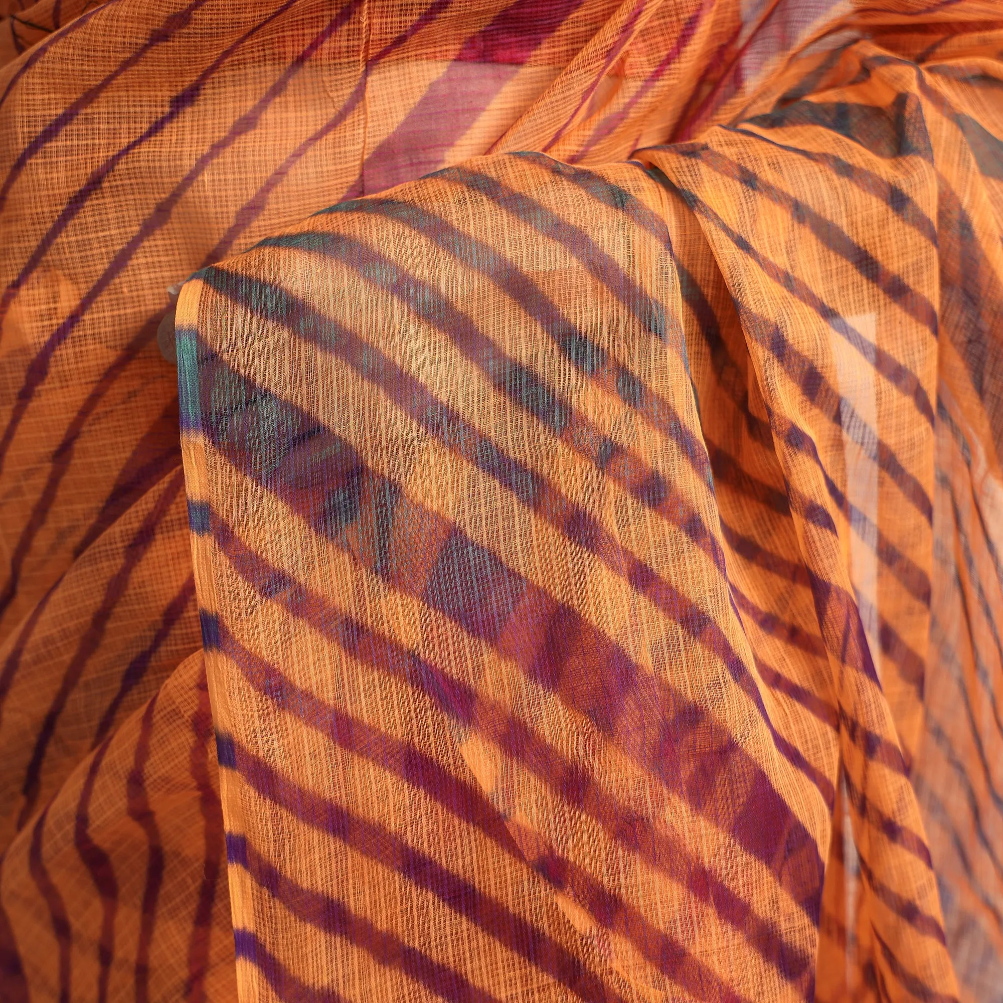 Orange - Leheriya Tie-Dye Kota Doria Cotton Saree