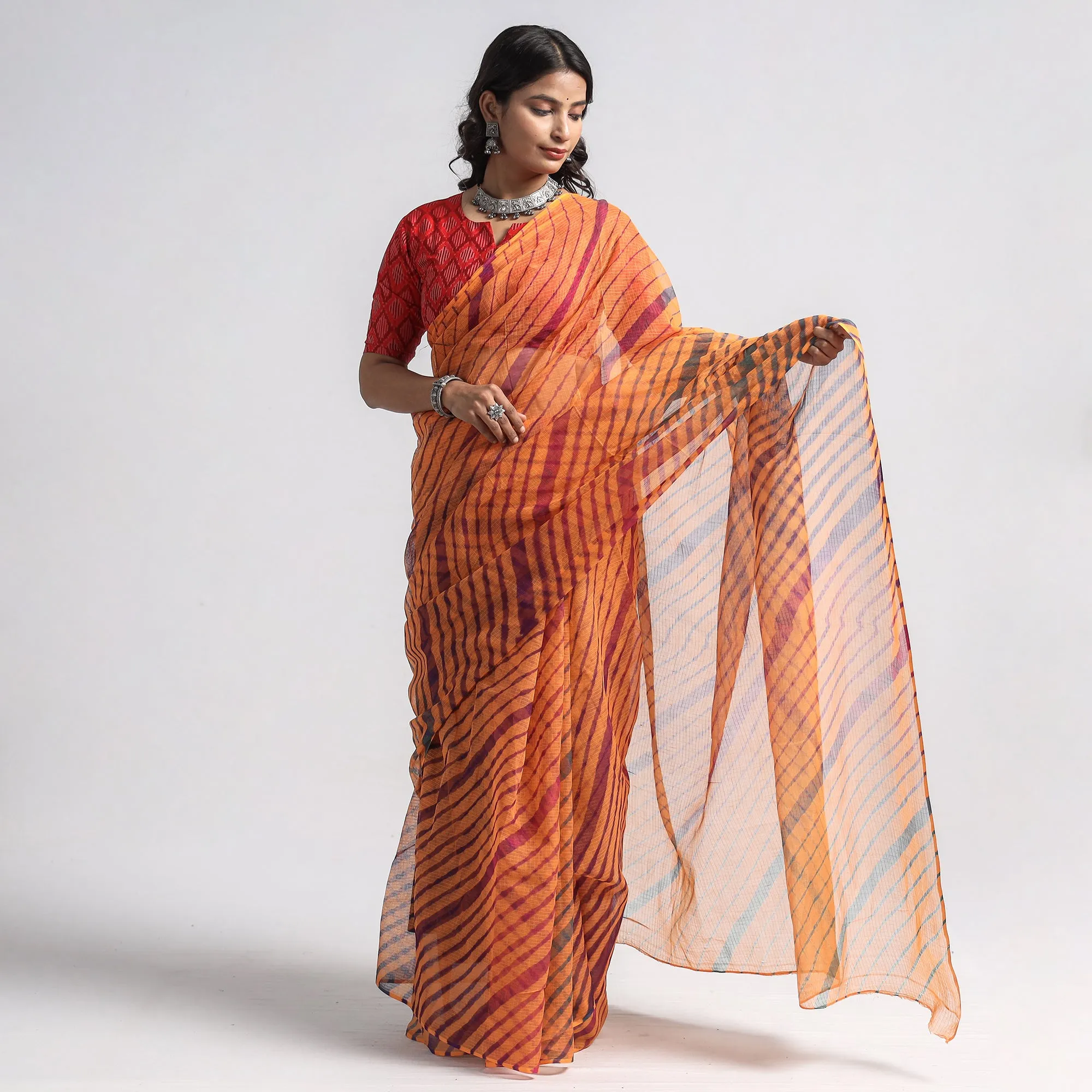 Orange - Leheriya Tie-Dye Kota Doria Cotton Saree