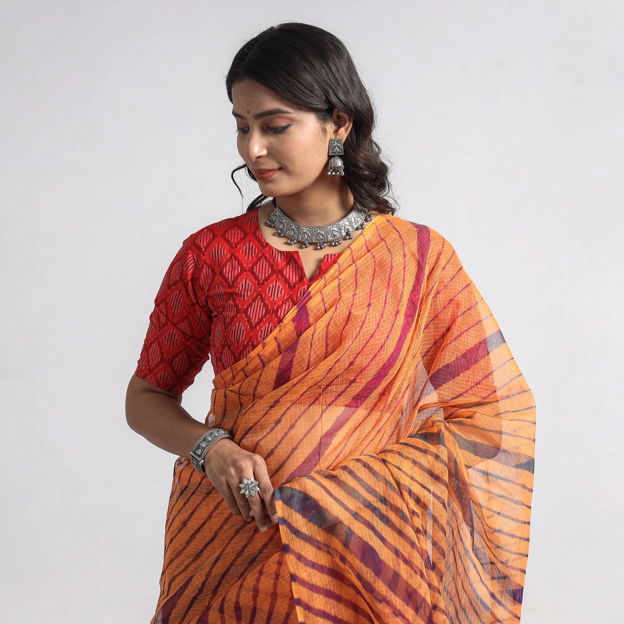 Orange - Leheriya Tie-Dye Kota Doria Cotton Saree