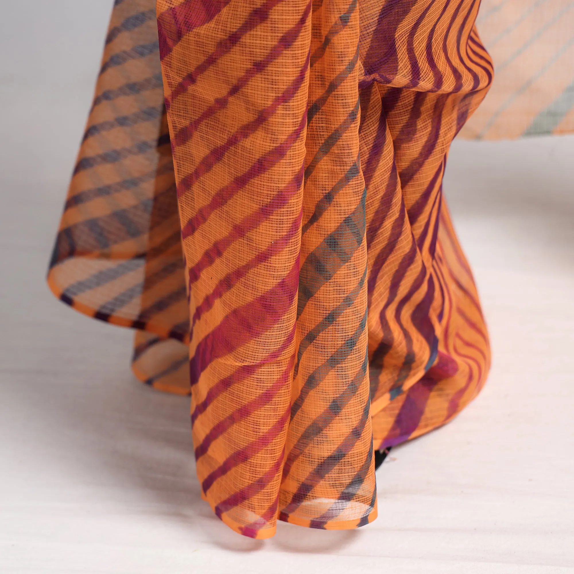 Orange - Leheriya Tie-Dye Kota Doria Cotton Saree