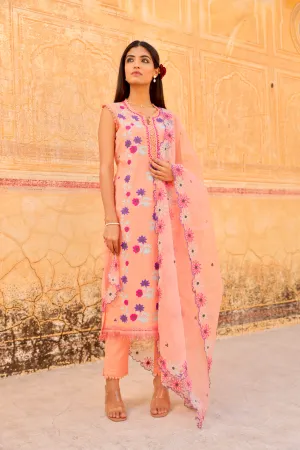 peach flower aari embroidery  cotton straight set