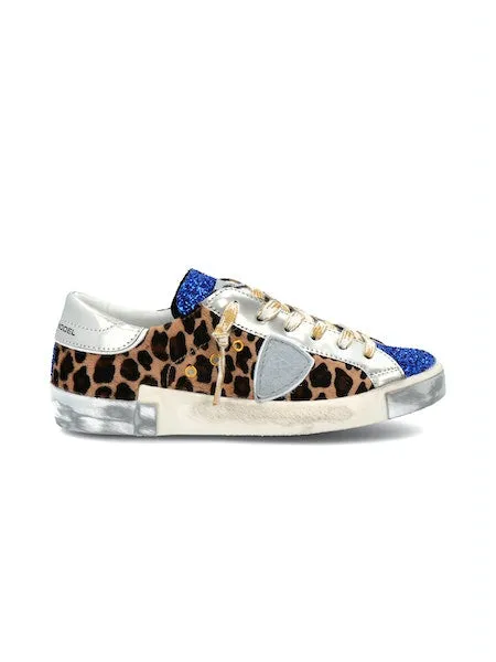 Philippe Model PRSX Low Sneaker in Leo Glitter Bluette Beige