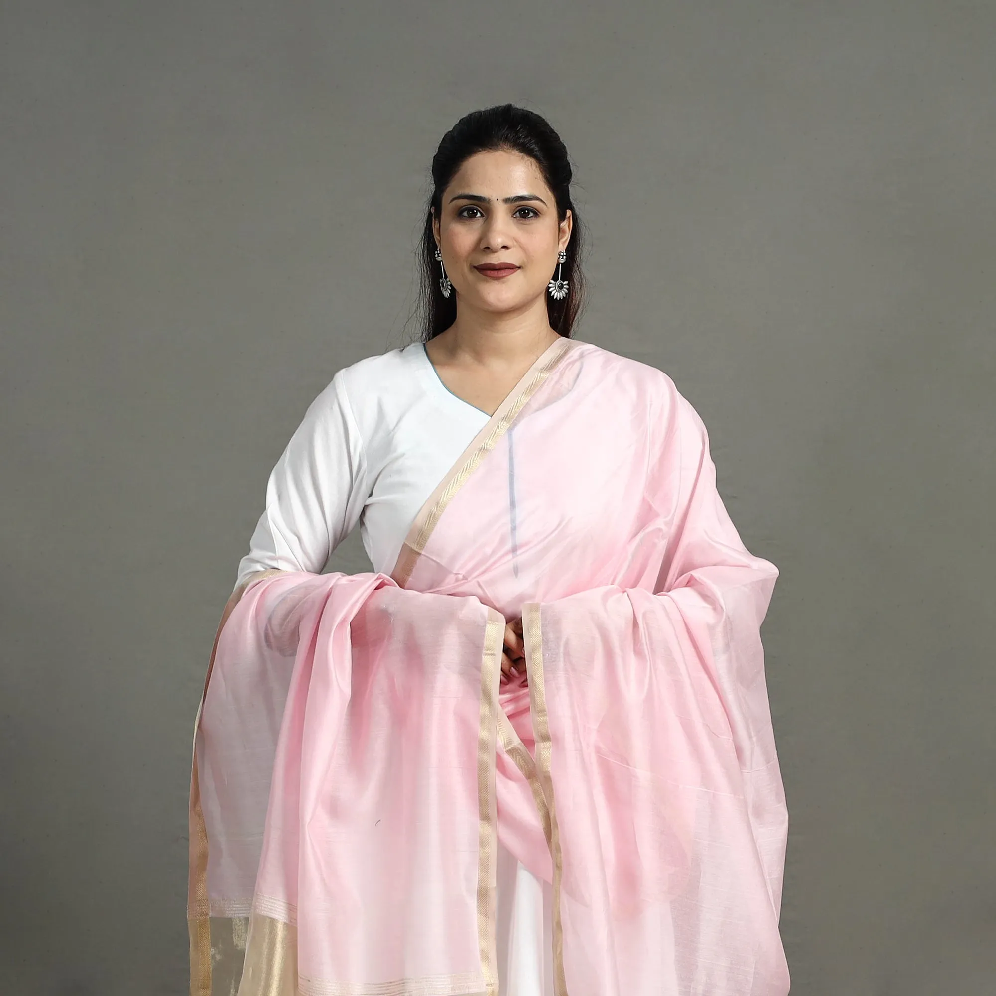 Pink - Handloom Silk Cotton Zari Work Maheshwari Dupatta 03