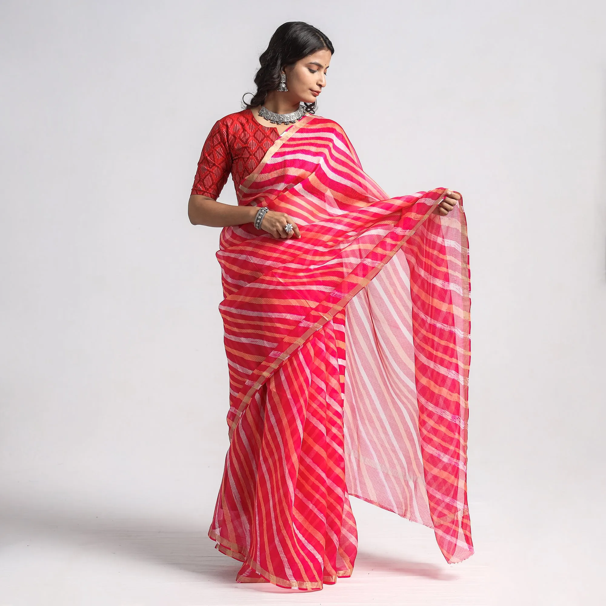 Pink - Leheriya Tie-Dye Kota Doria Silk Saree