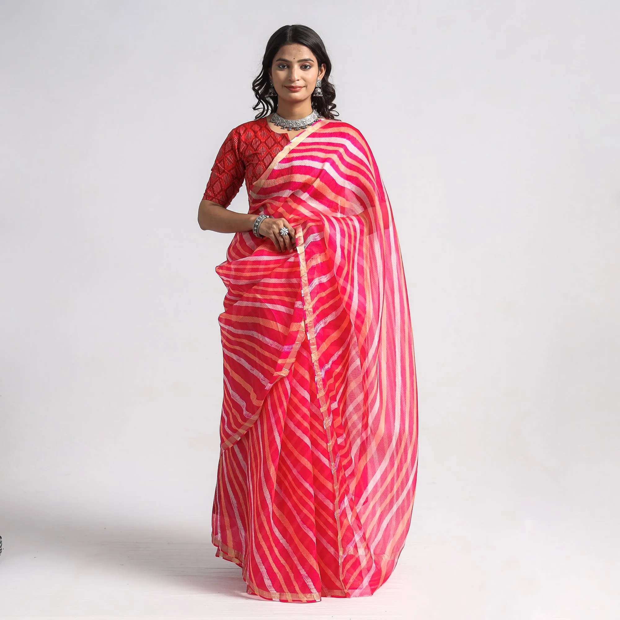 Pink - Leheriya Tie-Dye Kota Doria Silk Saree