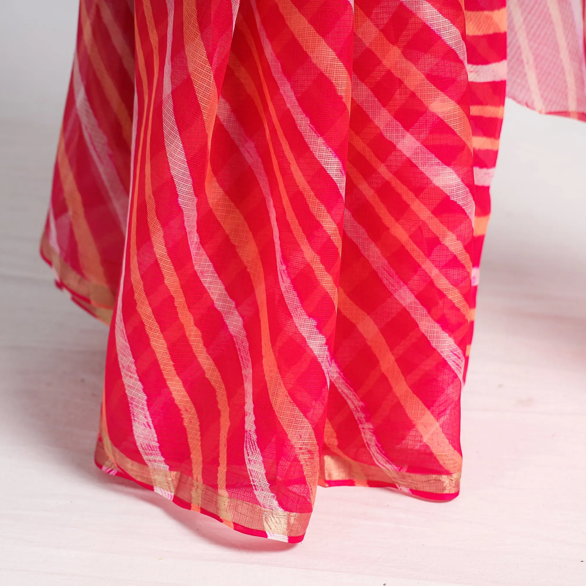 Pink - Leheriya Tie-Dye Kota Doria Silk Saree