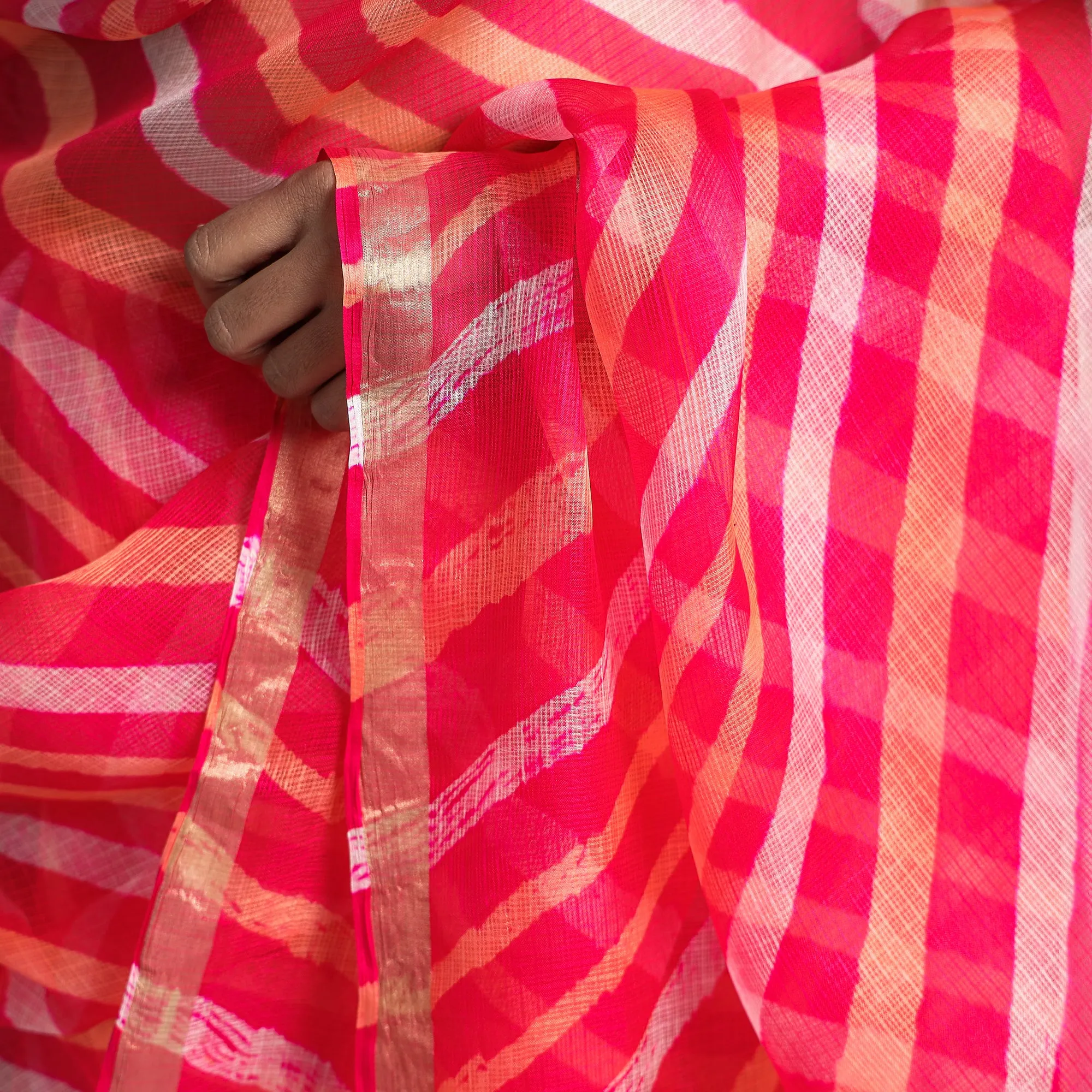 Pink - Leheriya Tie-Dye Kota Doria Silk Saree