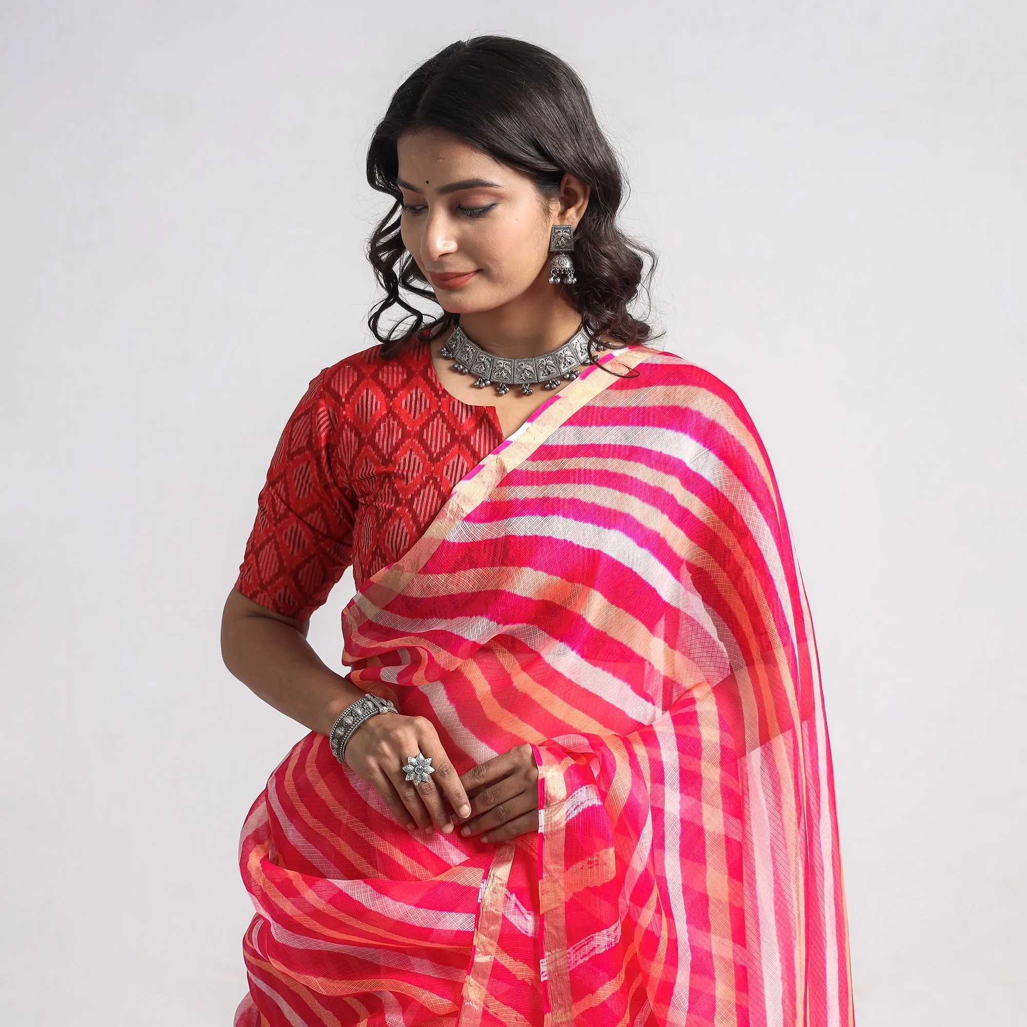 Pink - Leheriya Tie-Dye Kota Doria Silk Saree