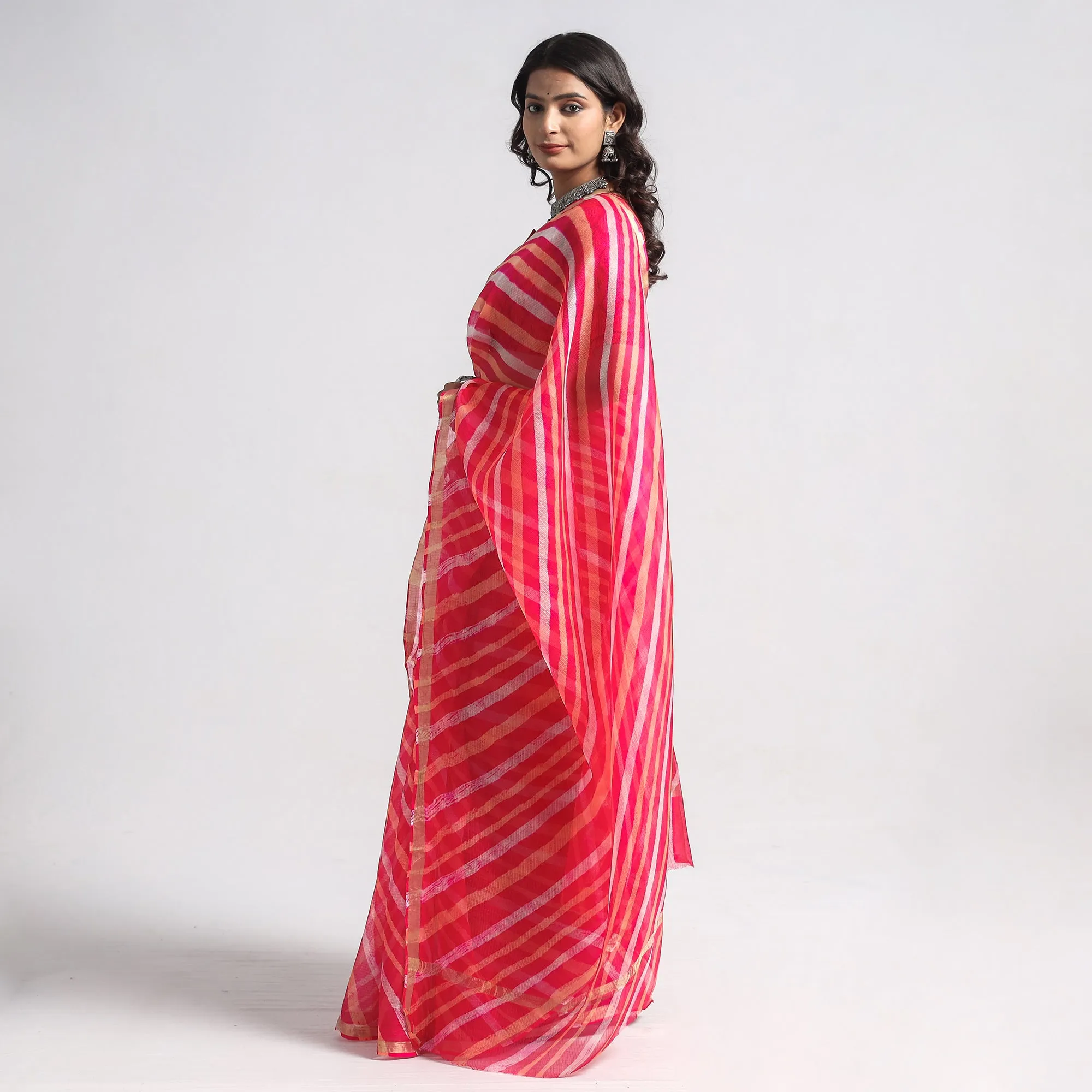 Pink - Leheriya Tie-Dye Kota Doria Silk Saree