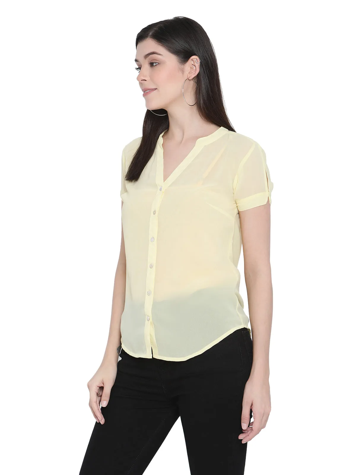 Porsorte Womens Yellow Georgette Short Sleeve Shirt Top