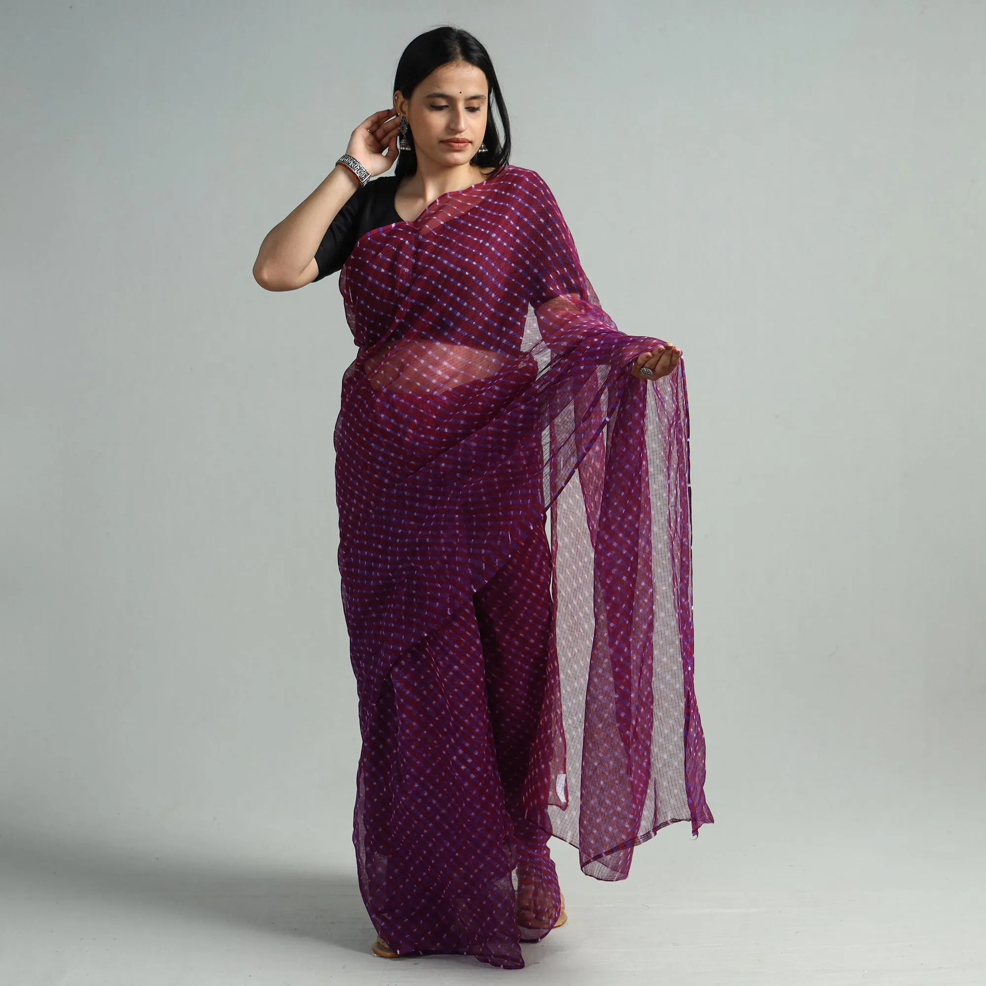 Purple - Leheriya Tie-Dye Mothra Kota Doria Cotton Saree 118