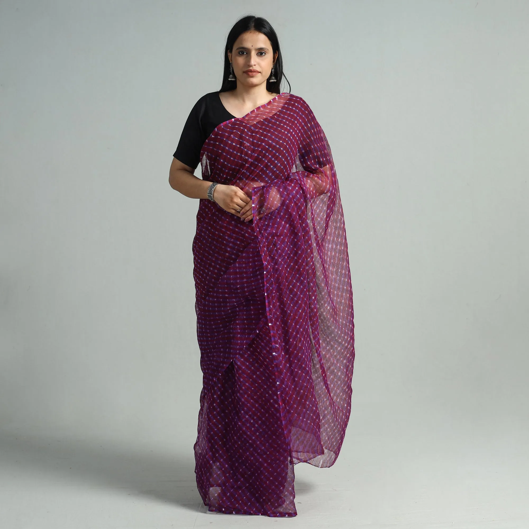 Purple - Leheriya Tie-Dye Mothra Kota Doria Cotton Saree 118