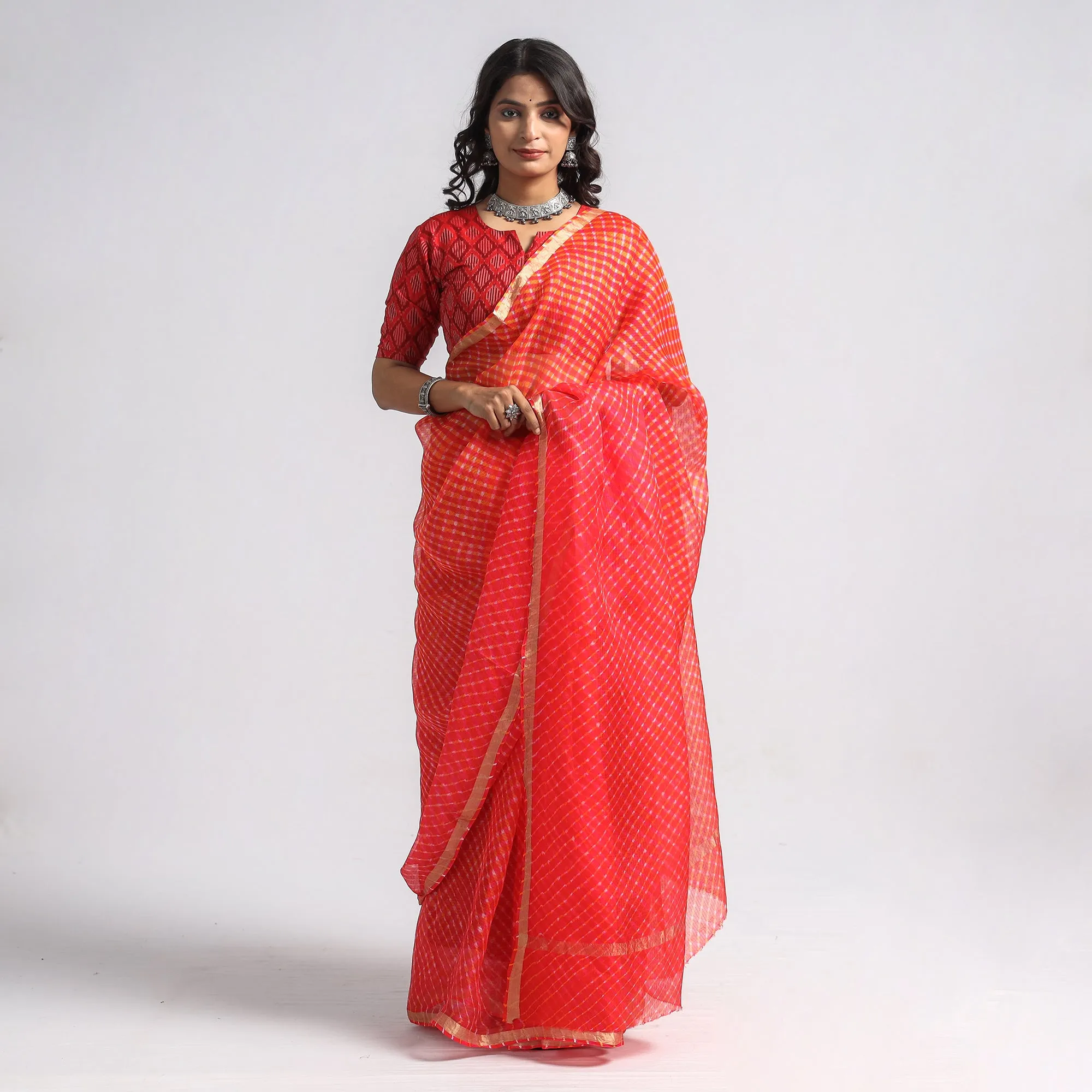 Red - Leheriya Tie-Dye Mothra Kota Doria Silk Saree