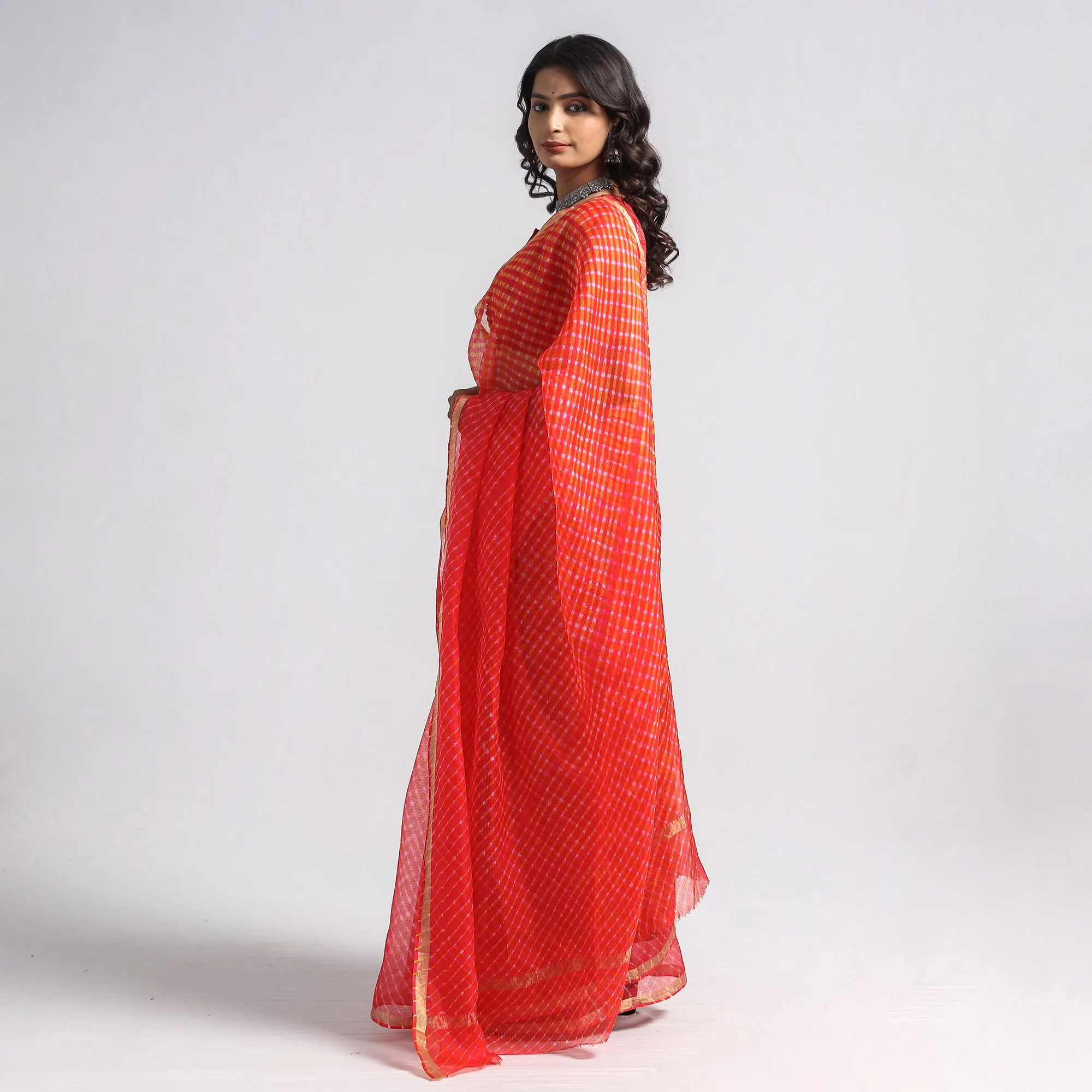 Red - Leheriya Tie-Dye Mothra Kota Doria Silk Saree