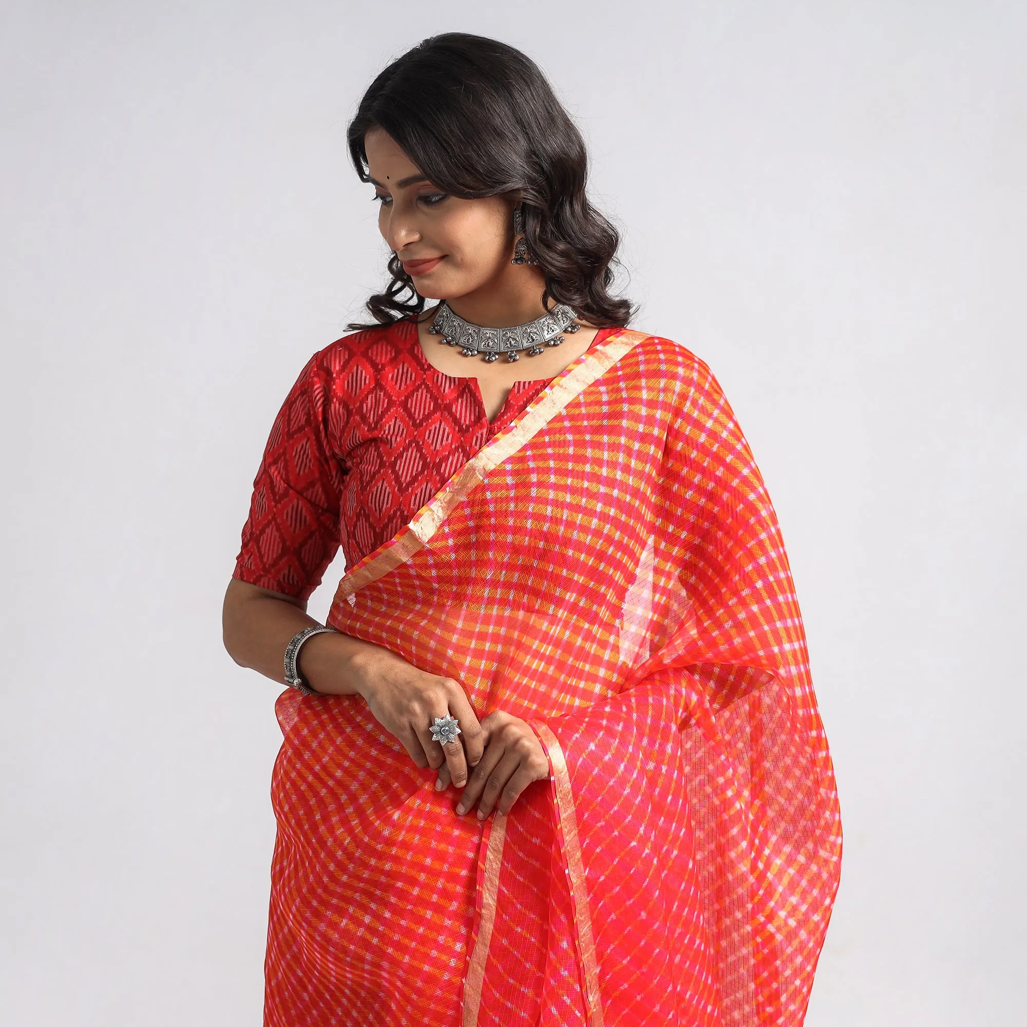 Red - Leheriya Tie-Dye Mothra Kota Doria Silk Saree